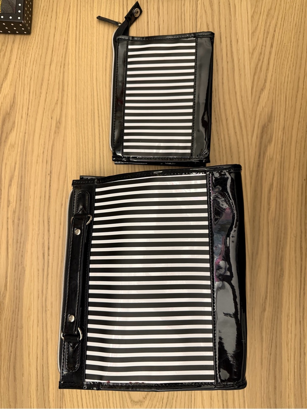 Lancome Black and White Striped Toiletry Bag Set